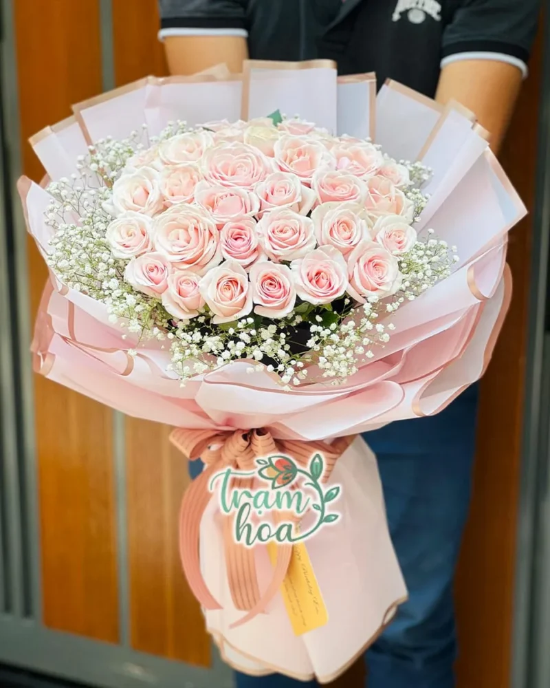 Bó Hoa Hồng Kem Viền Baby Trắng – Hồng Thắm B006