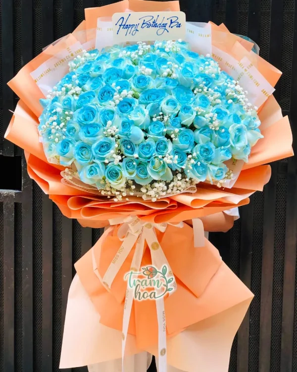 Bó hoa 100 bông hồng màu xanh dương