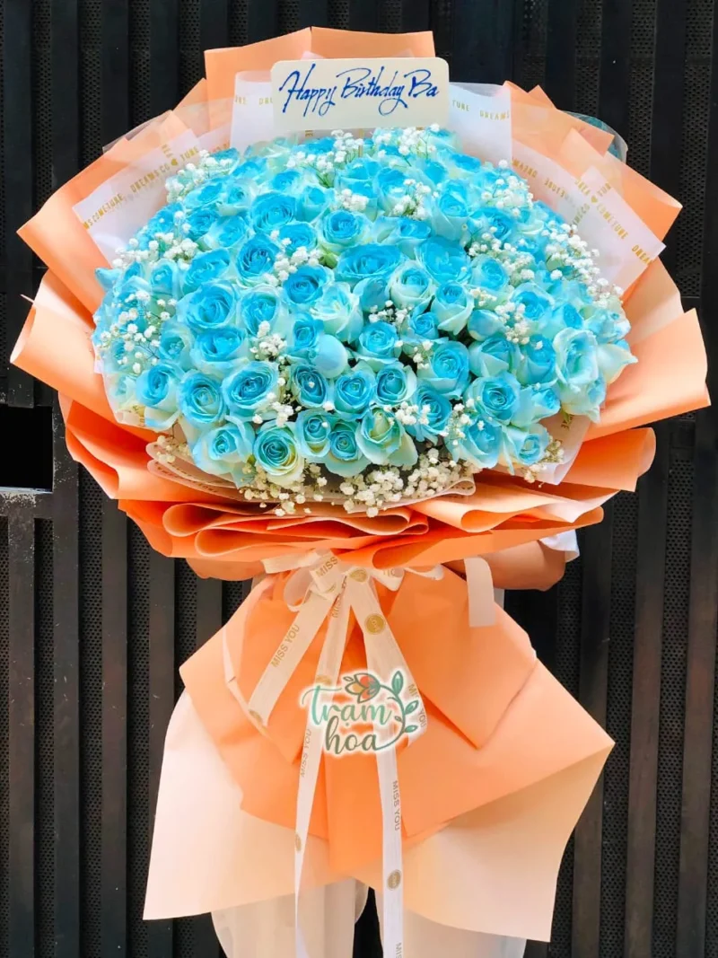 Bó hoa 100 bông hồng màu xanh dương