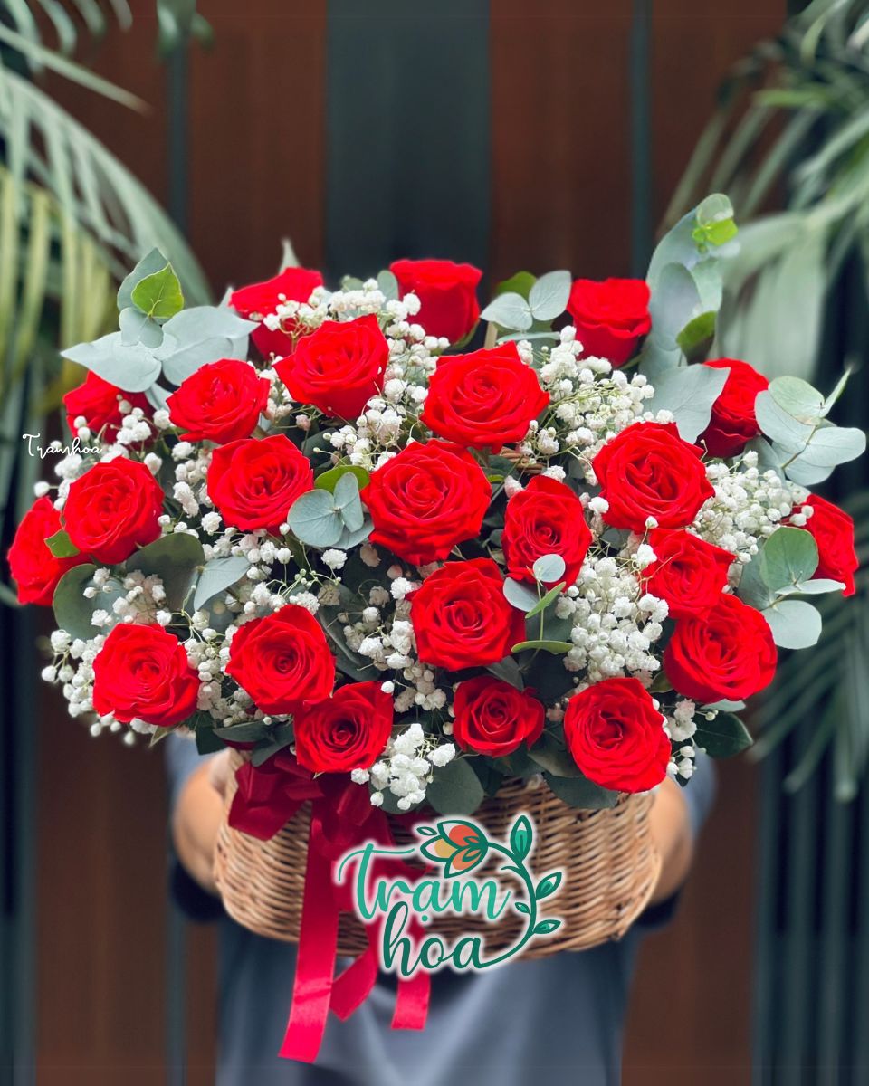 Giỏ hoa hồng đỏ tuy đơn giản nhưng luôn phù hợp cho mọi dịp tặng