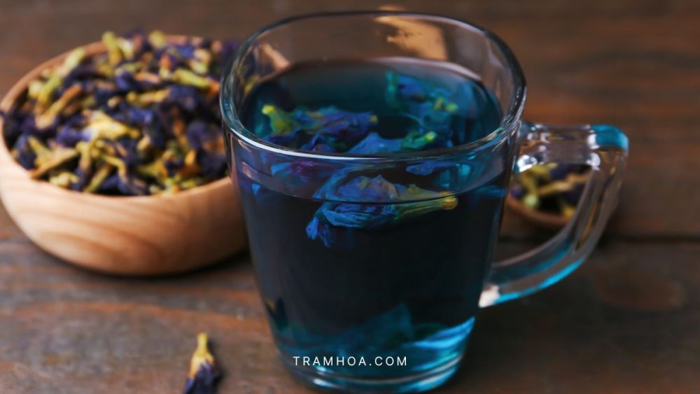 Trà hoa đậu biếc màu xanh trong ly thủy tinh