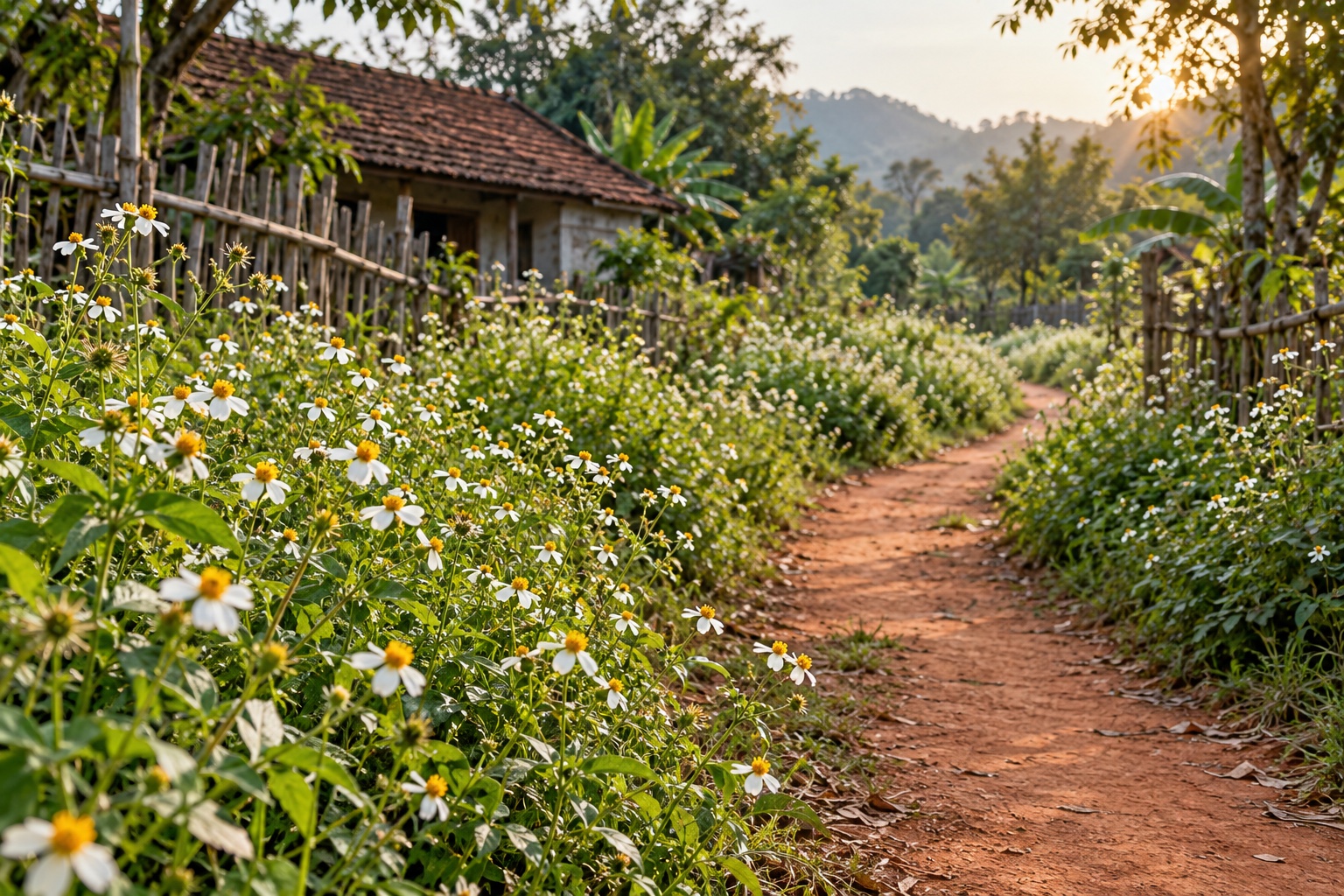 Hoa xuyến chi mọc ven đường đất ở làng quê Việt Nam