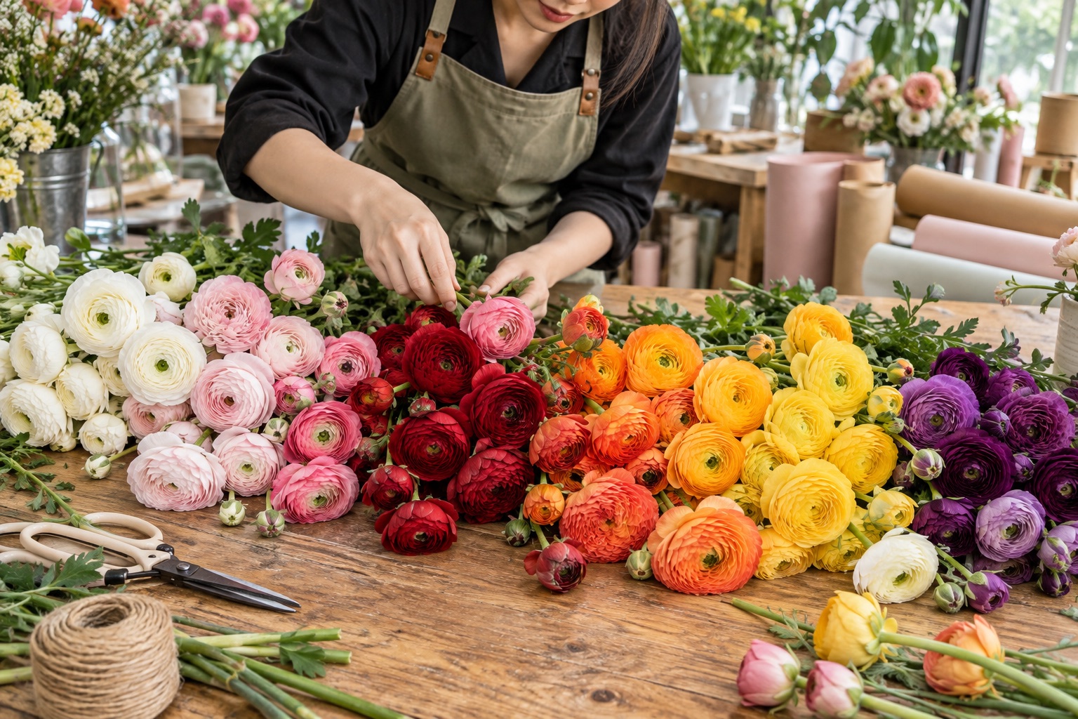 Bảng màu hoa mao lương đa dạng Hoa mao lương trắng, hồng, đỏ, cam, vàng và tím được florist Việt Nam sắp theo bảng màu