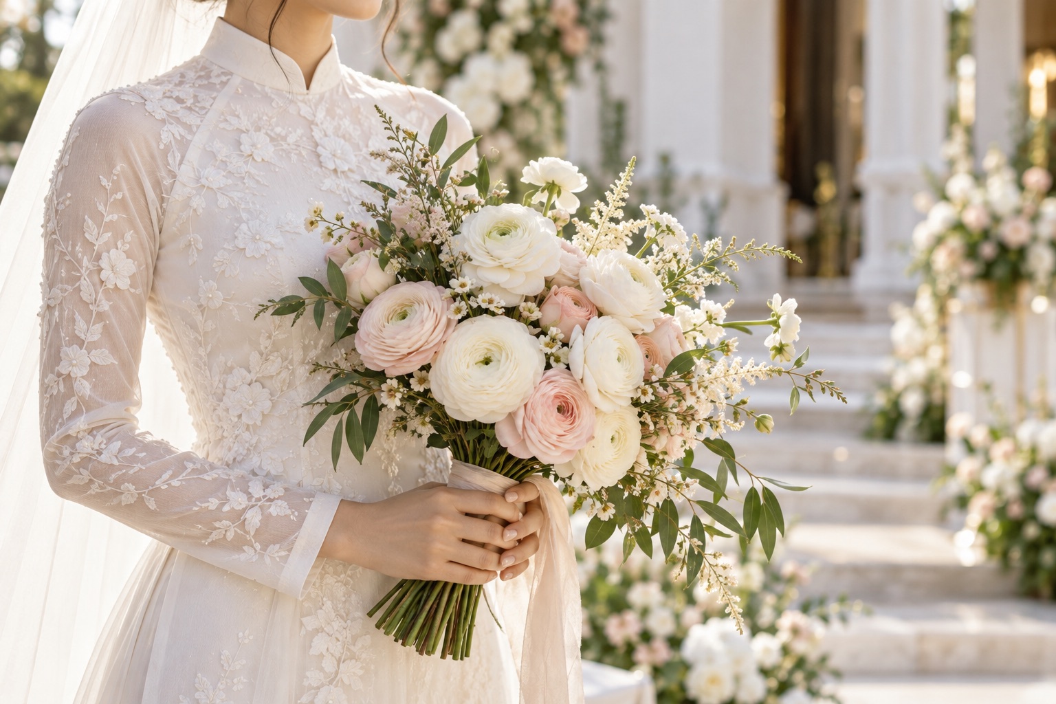 Bó hoa cưới mao lương thanh lịch Cô dâu Việt Nam cầm bó hoa cưới mao lương trắng hồng phối lá xanh thanh lịch