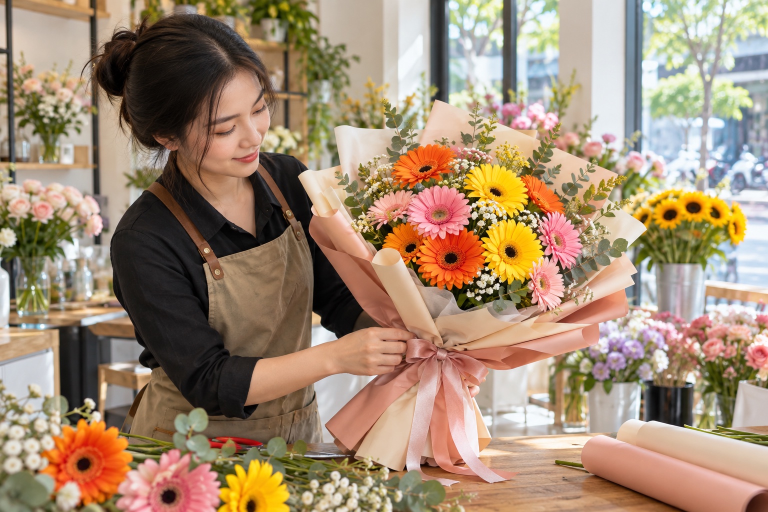 Bó hoa đồng tiền tặng tốt nghiệp Florist Việt hoàn thiện bó hoa đồng tiền cam, vàng và hồng làm quà tặng tốt nghiệp