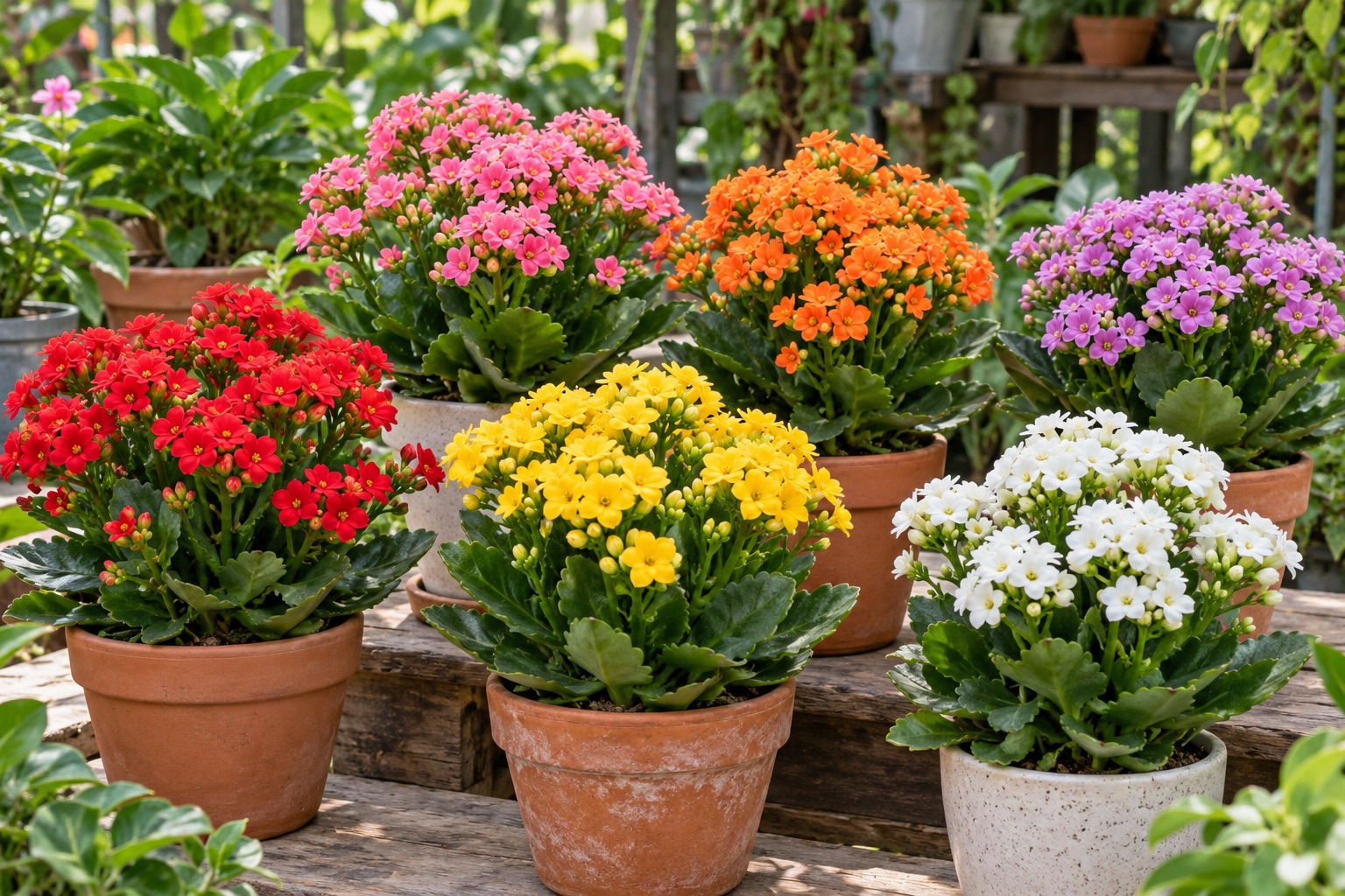 Nhiều chậu hoa sống đời đỏ, hồng, vàng, cam, trắng và tím được xếp tại vườn ươm Việt Nam