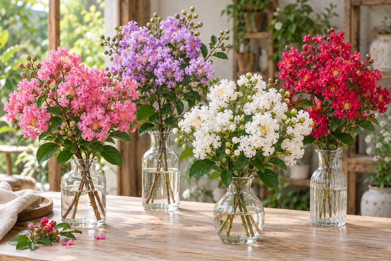 Các màu hoa tường vi phổ biến Bốn cành hoa tường vi màu hồng, tím nhạt, trắng và đỏ hồng trong bình thủy tinh