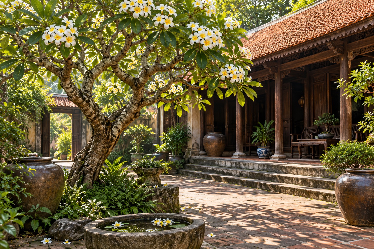 Cây hoa sứ trắng lâu năm nở hoa trong sân nhà truyền thống Việt Nam