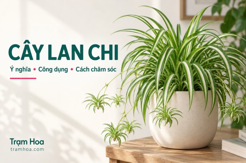 Cây lan chi sọc trắng trong chậu sứ, lá cong rủ và các cây con trên nhánh dài
