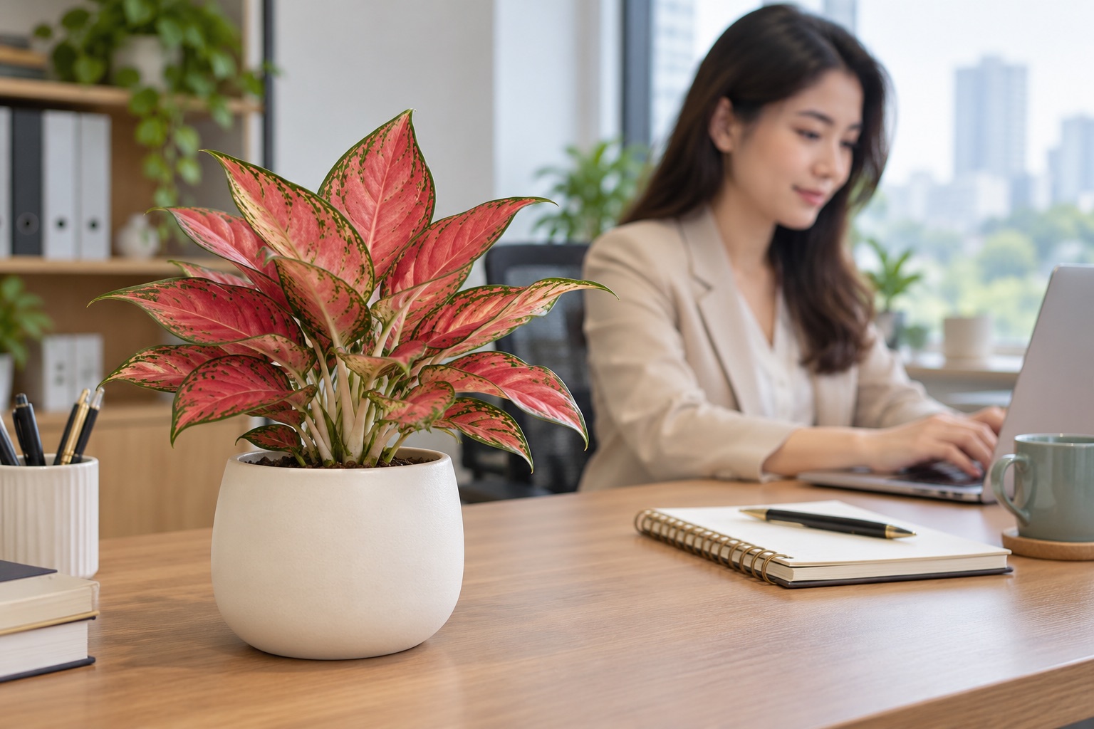 Cây vạn lộc trên bàn làm việc Chậu cây vạn lộc đỏ hồng đặt trên bàn làm việc trong văn phòng Việt Nam