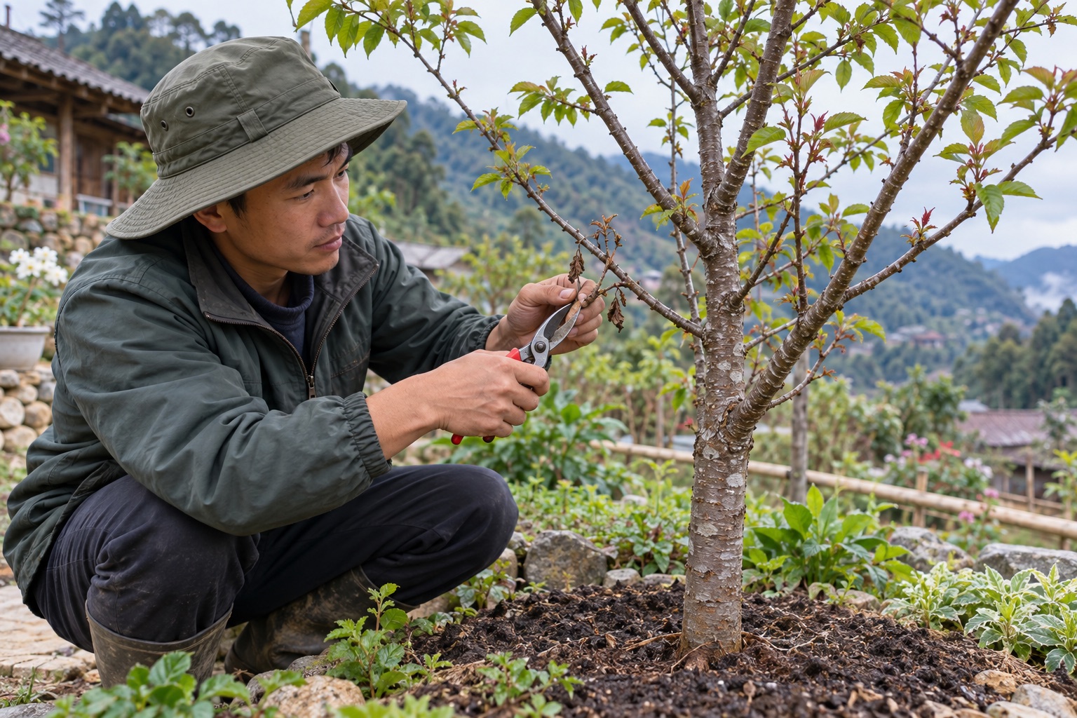 Người làm vườn Việt Nam cắt bỏ cành khô trên cây anh đào cảnh ở vùng khí hậu mát