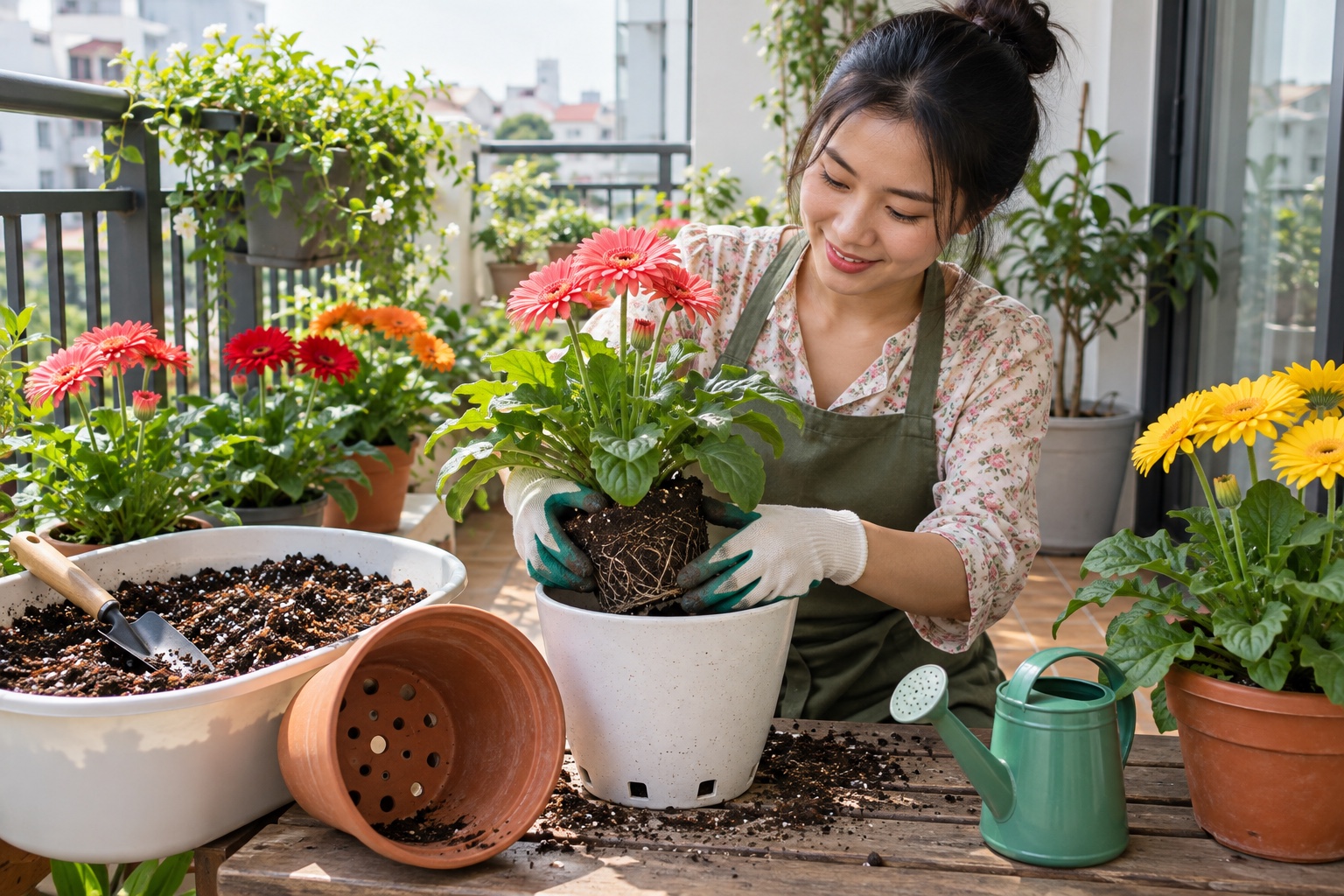 Chăm sóc cây hoa đồng tiền Người phụ nữ Việt thay chậu cây hoa đồng tiền trên ban công với giá thể tơi xốp