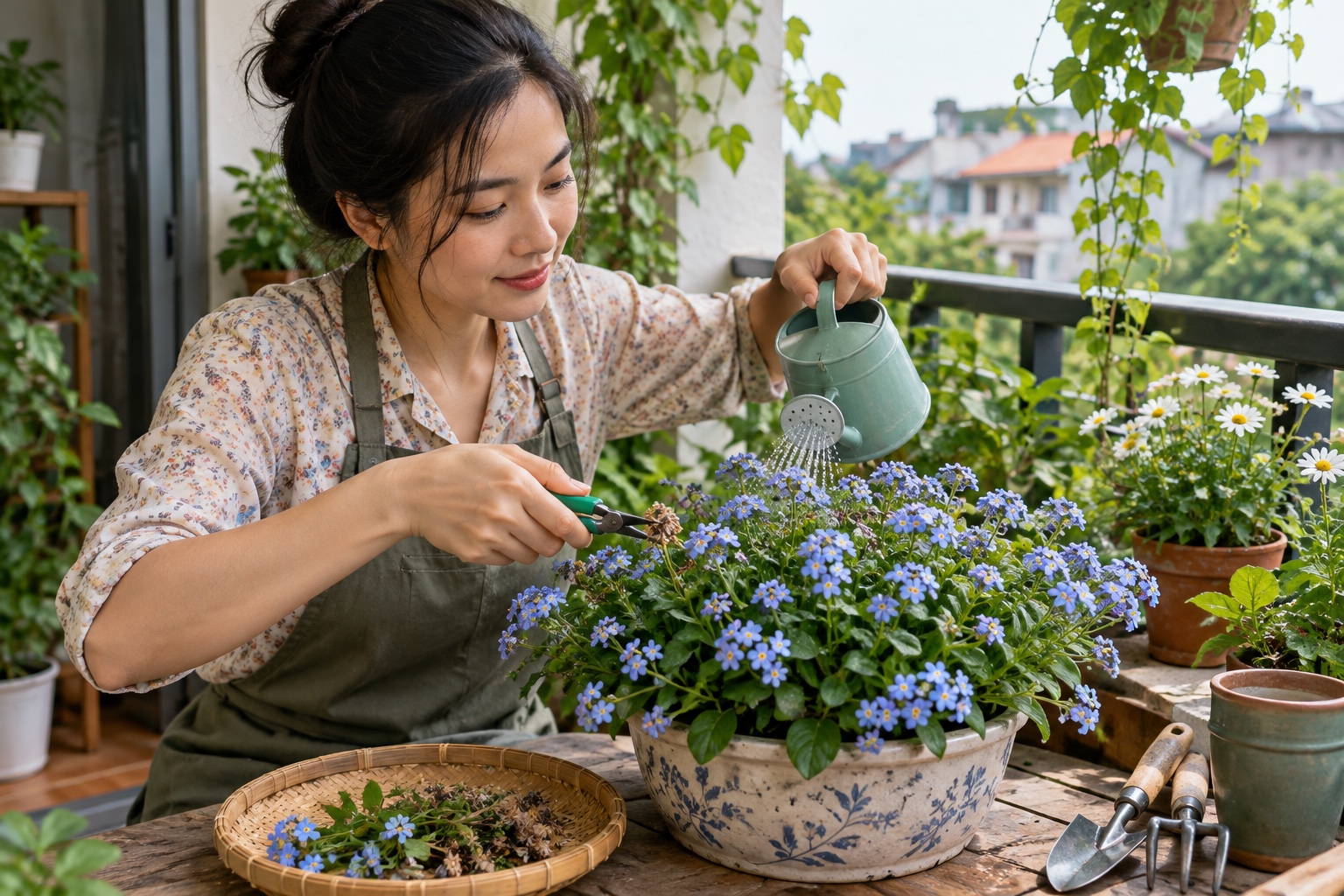 Người phụ nữ Việt tưới nước và cắt hoa tàn cho chậu hoa lưu ly xanh trên ban công