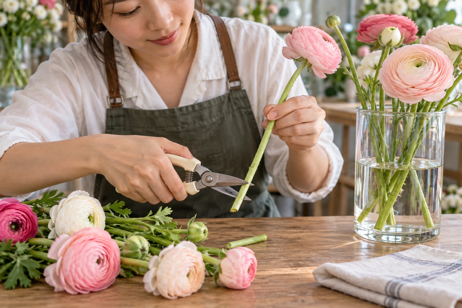 Chăm sóc hoa mao lương cắm bình Florist Việt Nam cắt chéo gốc hoa mao lương trước khi cắm vào bình nước sạch