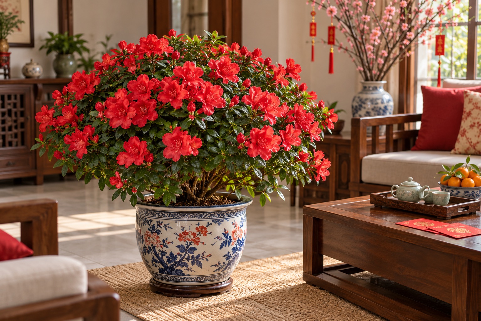 Chậu hoa đỗ quyên đỏ chưng Tết Chậu hoa đỗ quyên đỏ nở rộ trong phòng khách Việt Nam trang trí ngày Tết