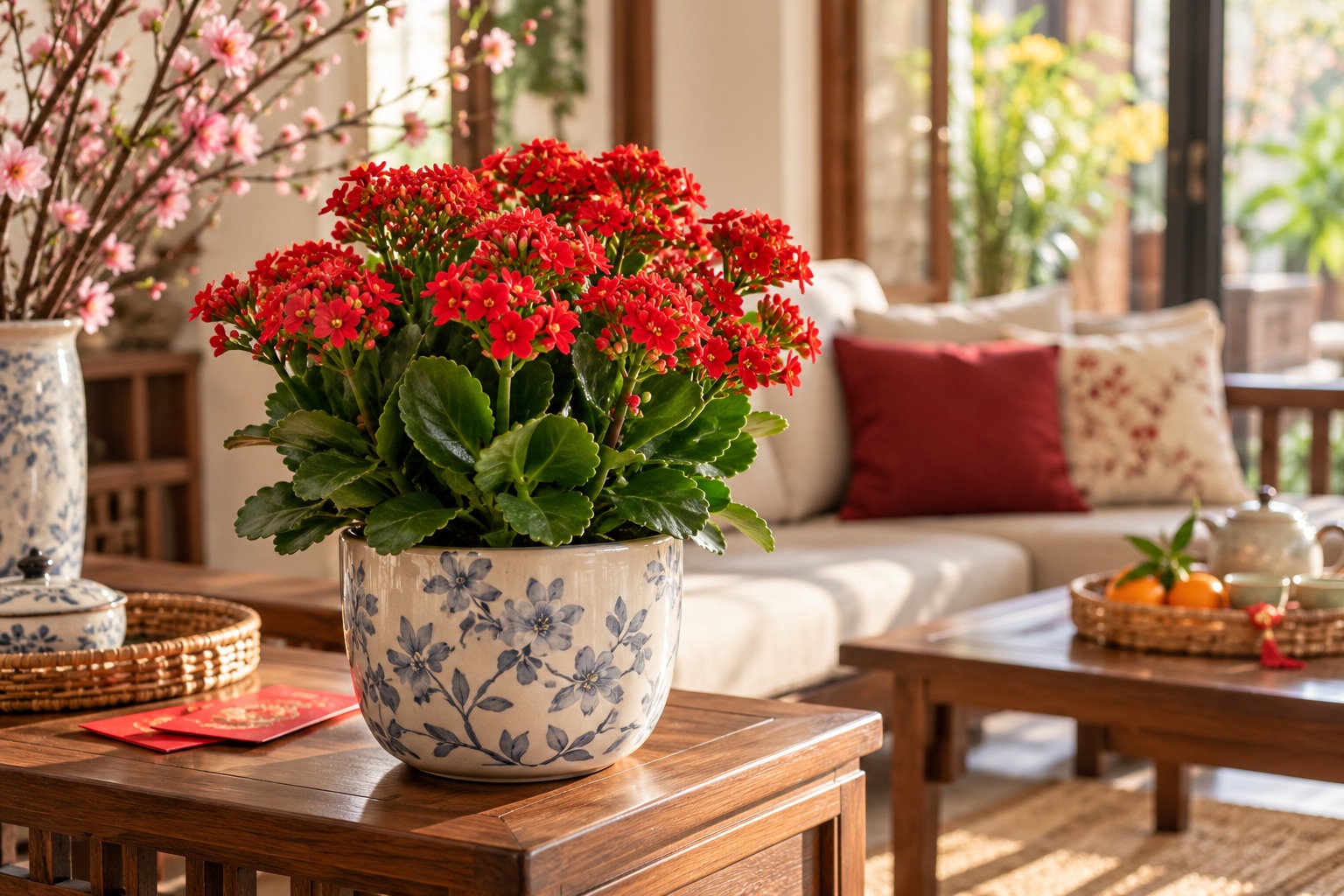 Chậu hoa sống đời đỏ trang trí trong phòng khách gia đình Việt Nam dịp Tết