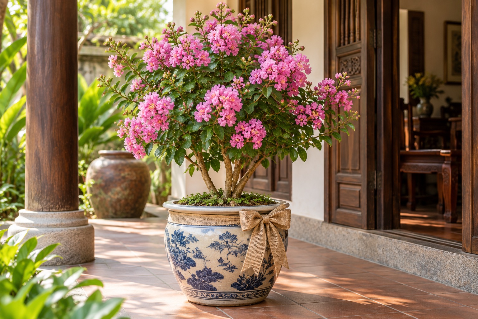 Chậu hoa tường vi làm quà tặng Chậu gốm trồng cây hoa tường vi hồng được trang trí nơ mộc trên hiên nhà Việt Nam