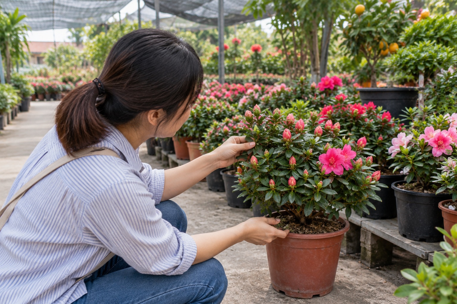 Cách chọn mua chậu hoa đỗ quyên đẹp Khách hàng Việt Nam quan sát chậu đỗ quyên có nhiều nụ, lá xanh và tán cây cân đối tại vườn hoa