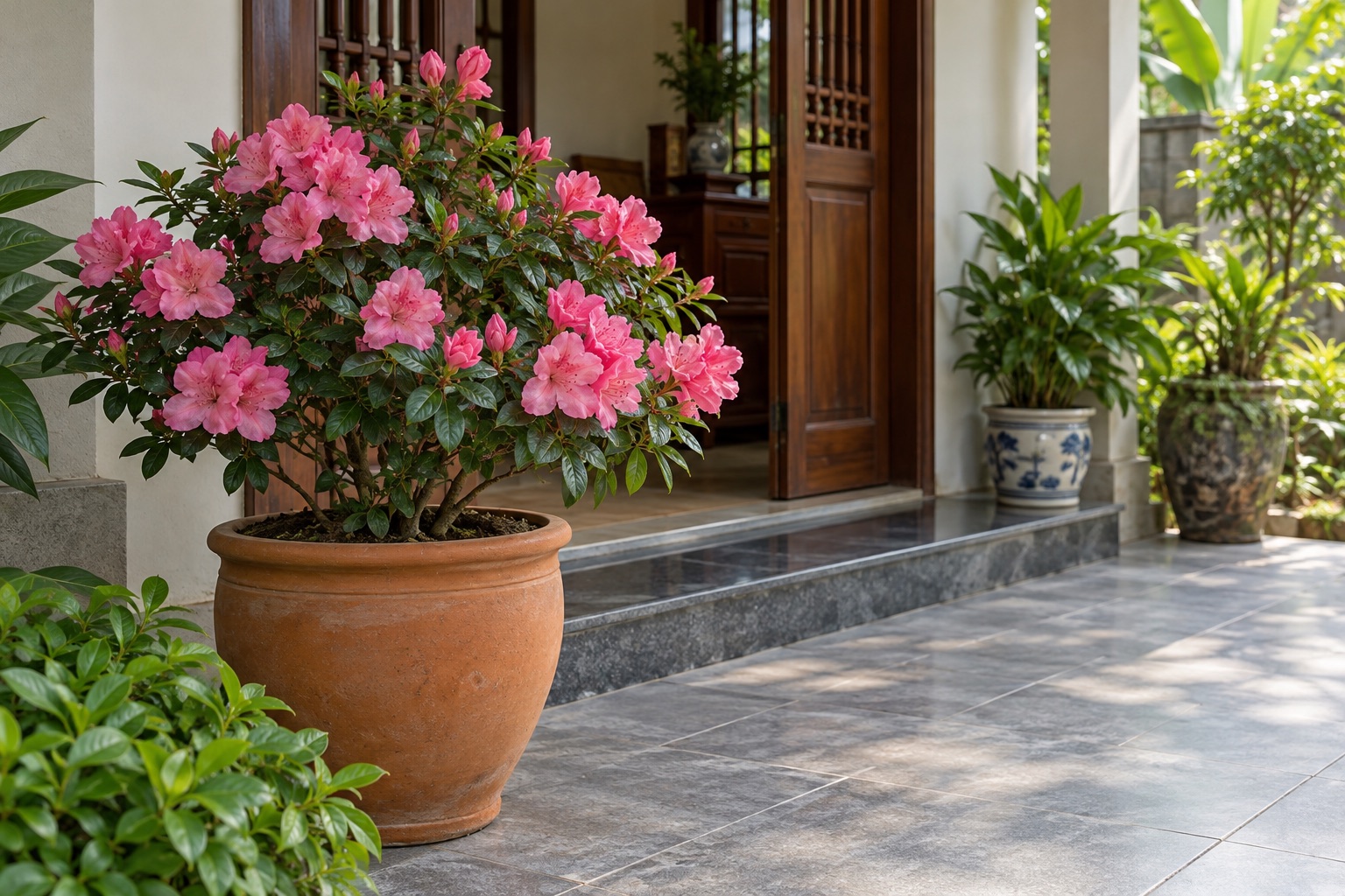 Đặt hoa đỗ quyên ở hiên nhà thoáng sáng Chậu hoa đỗ quyên hồng đặt bên hiên nhà Việt Nam có ánh sáng nhẹ và thông thoáng