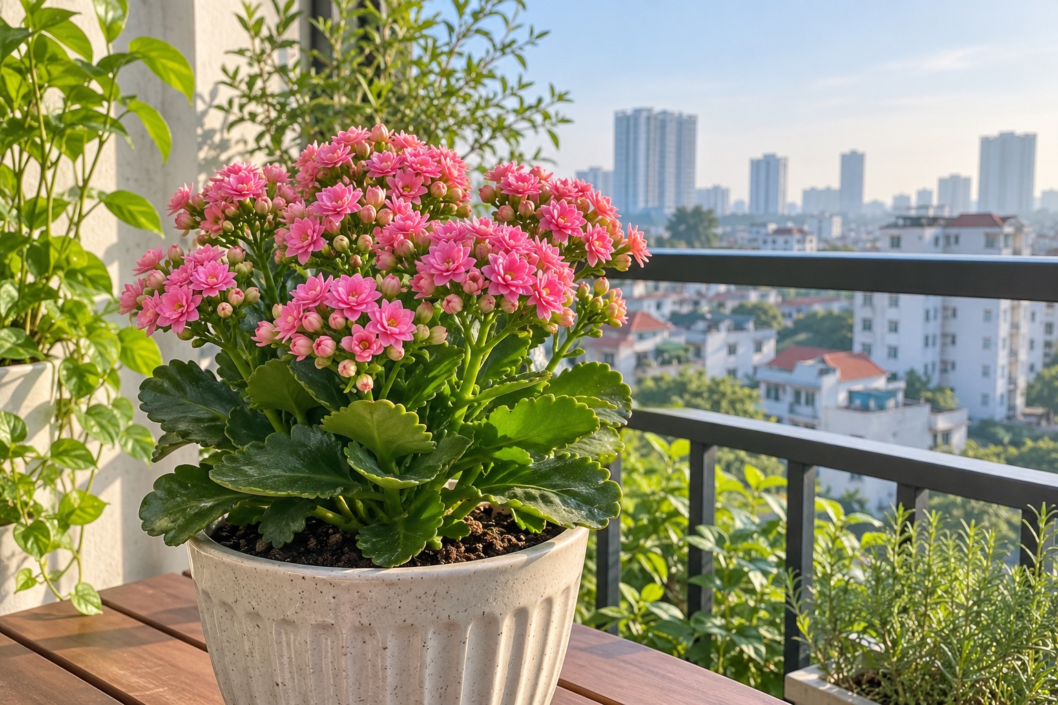 Chậu hoa sống đời màu hồng đặt trên ban công căn hộ Việt Nam có ánh sáng dịu buổi sáng
