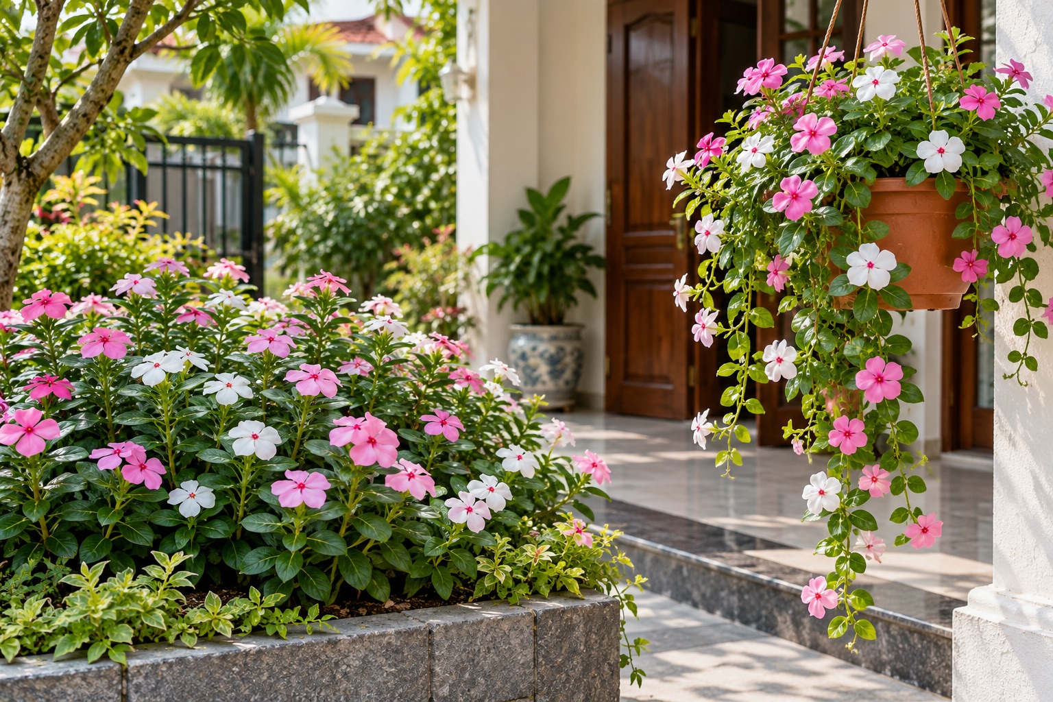 Dừa cạn dáng đứng trong bồn hoa và dừa cạn dáng rũ trồng trong chậu treo trước hiên nhà Việt