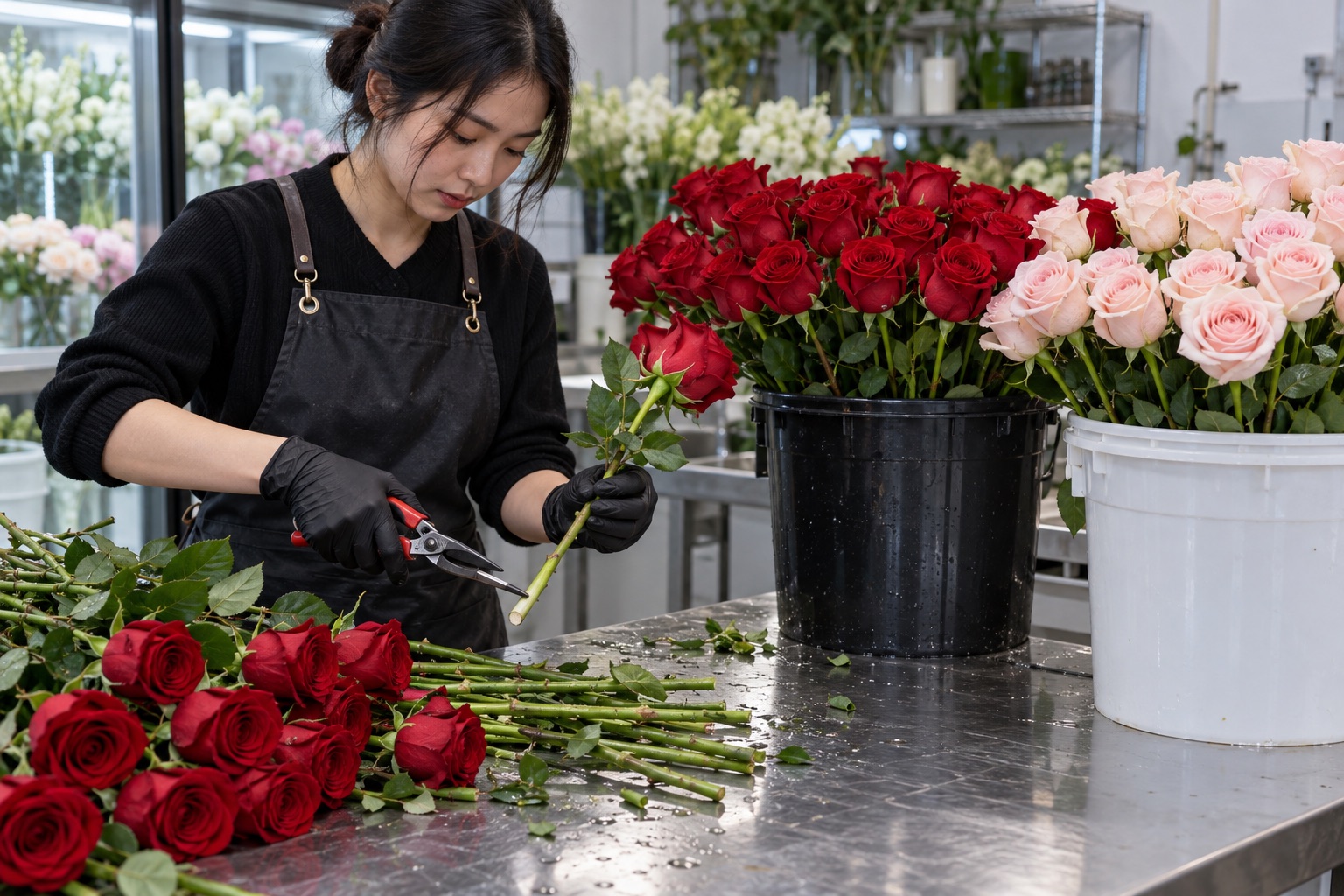 Dưỡng hoa hồng Ecuador tại cửa hàng hoa Florist Việt Nam cắt chéo gốc và dưỡng hoa hồng thân dài trong xô nước sạch