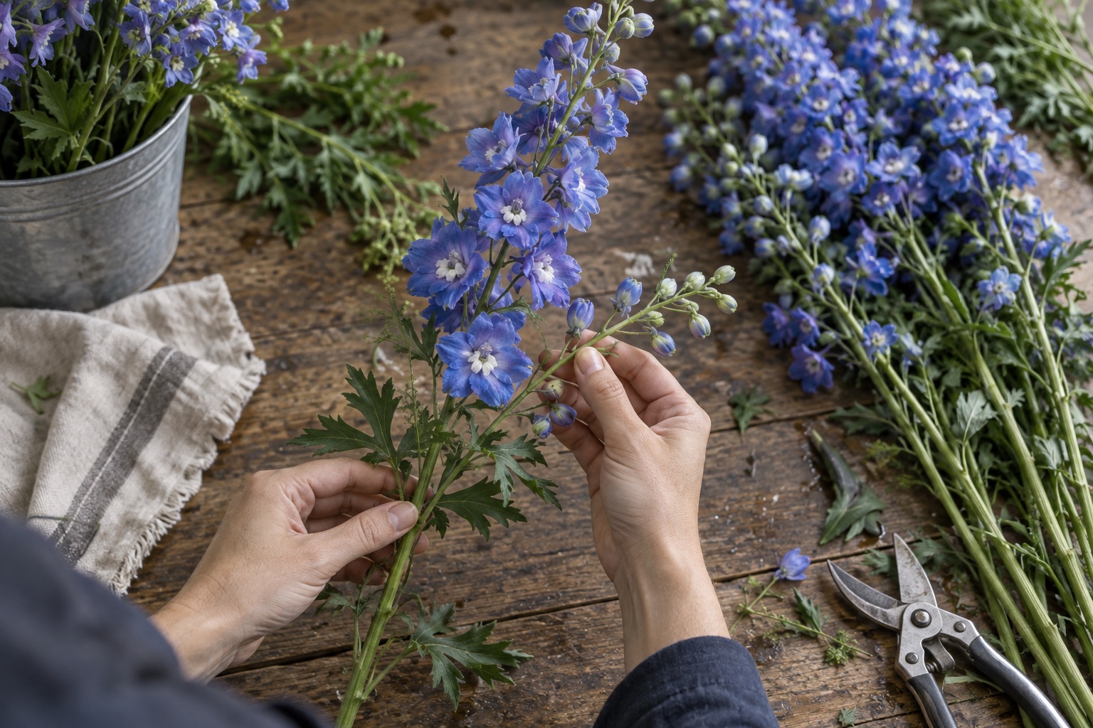 Bàn tay florist kiểm tra cành phi yến xanh tím còn tươi trên bàn làm hoa