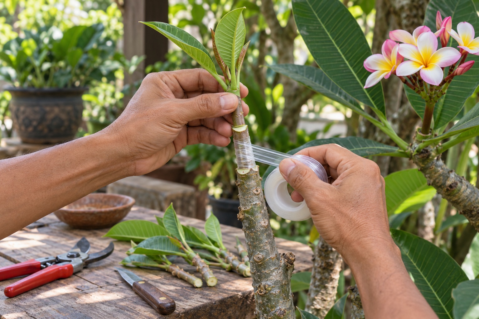 Người làm vườn đặt cành ghép và quấn băng ghép trong quá trình nhân giống cây hoa sứ