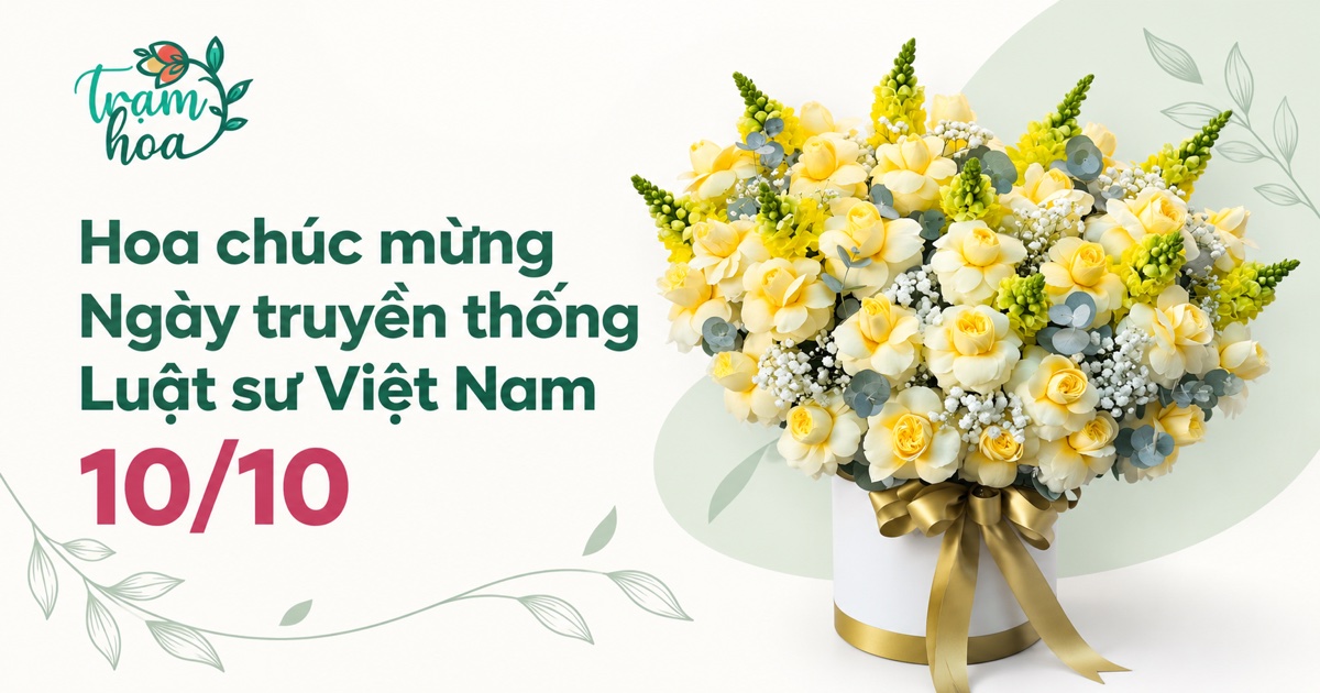Hoa chúc mừng Ngày truyền thống Luật sư Việt Nam 10/10, thiết kế Trạm Hoa với hộp hoa vàng kem