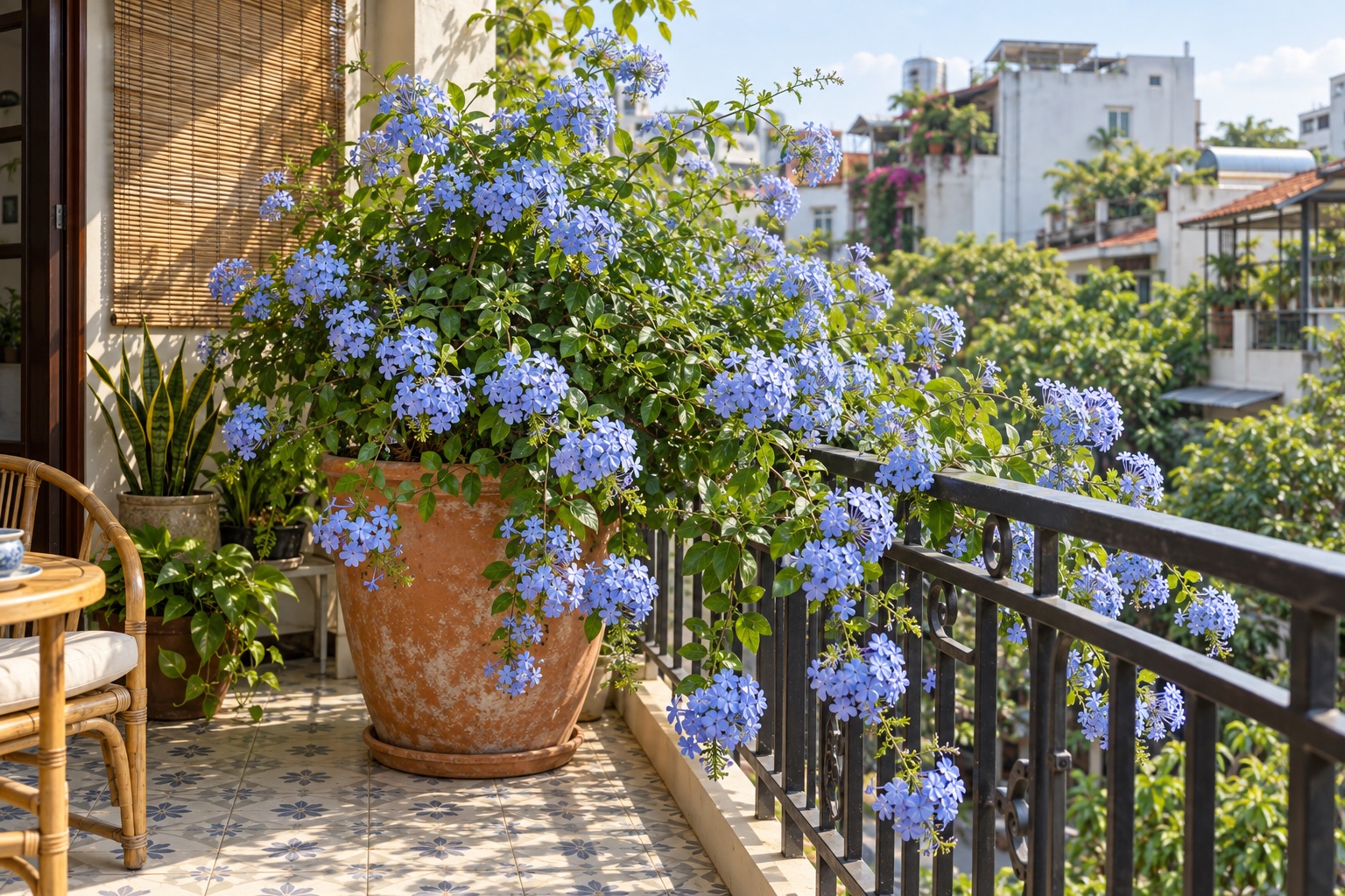 Hoa thanh xà trồng chậu trên ban công Cây hoa thanh xà xanh trồng trong chậu đất nung lớn trên ban công nhà phố Việt Nam