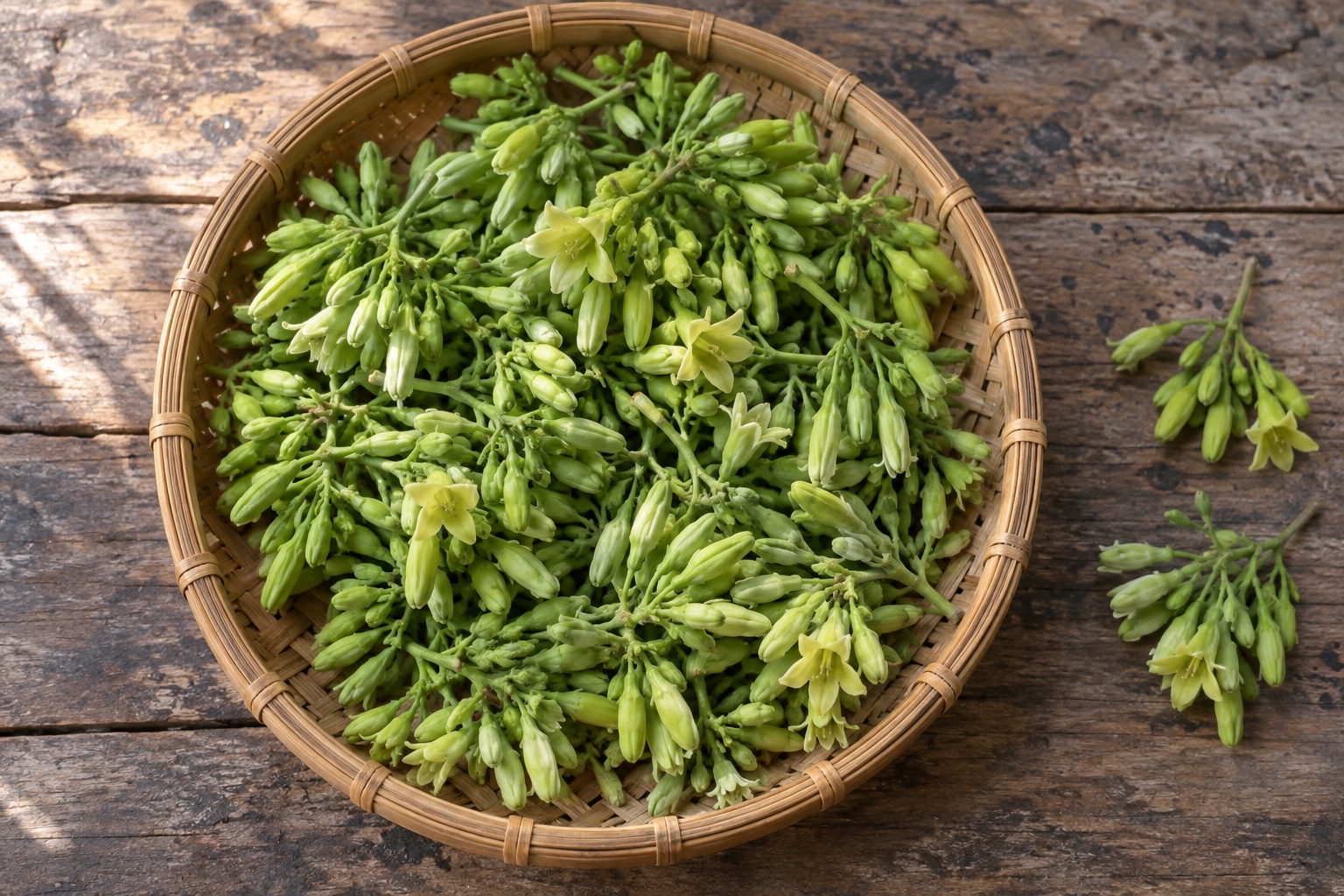 Những chùm hoa thiên lý xanh vàng còn nụ được đặt trong rổ tre