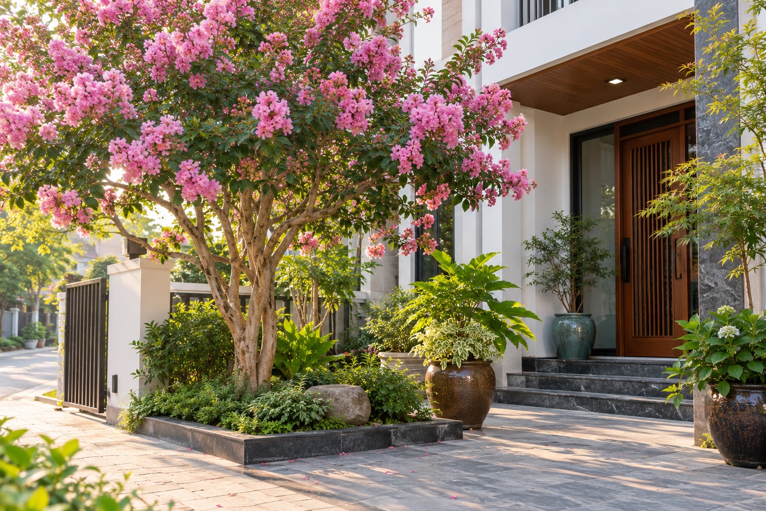 Trồng hoa tường vi trước nhà Cây hoa tường vi hồng nở rộ bên lối vào nhà phố hiện đại tại Việt Nam