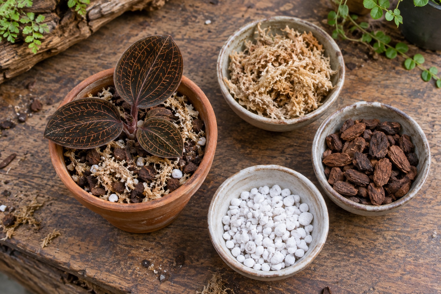 Giá thể thoáng cho lan kim tuyến Chậu lan kim tuyến cạnh dớn trắng, vỏ thông nhỏ và đá perlite