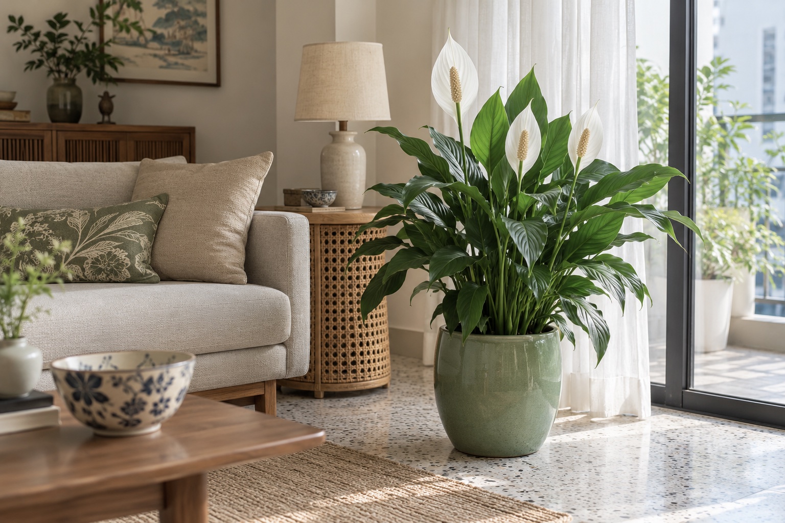 Chậu lan ý lá xanh và mo trắng cạnh sofa trong phòng khách sáng