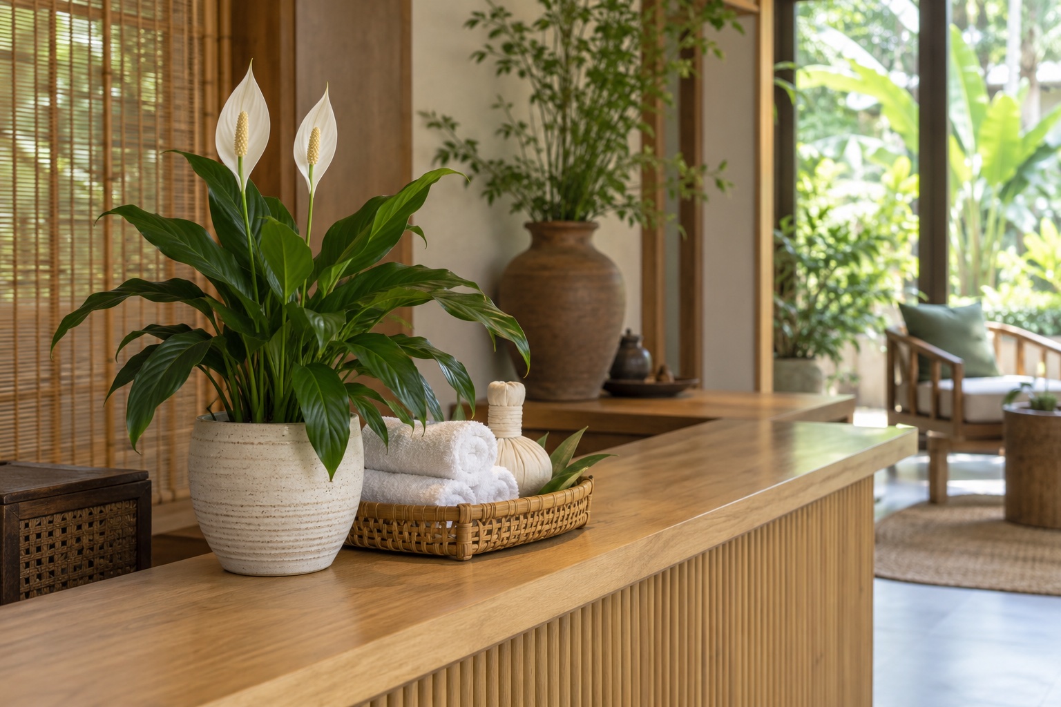 Chậu lan ý nhỏ cạnh khăn gấp và khay tre ở quầy tiếp khách spa