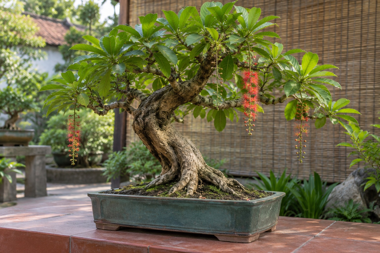 Cây lộc vừng bonsai thân già trong chậu thấp trên sân gạch