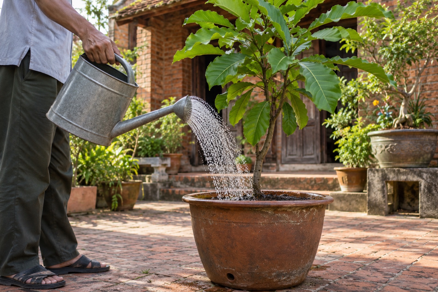 Bàn tay dùng bình tưới đưa nước vào đất chậu lộc vừng non ở sân nhà