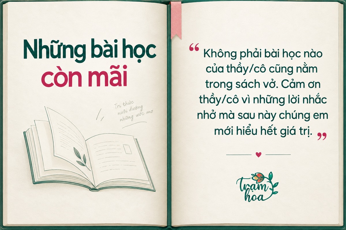 Thiệp tri ân thầy cô chủ nhiệm dạng trang sách với lời cảm ơn những bài học ngoài sách vở