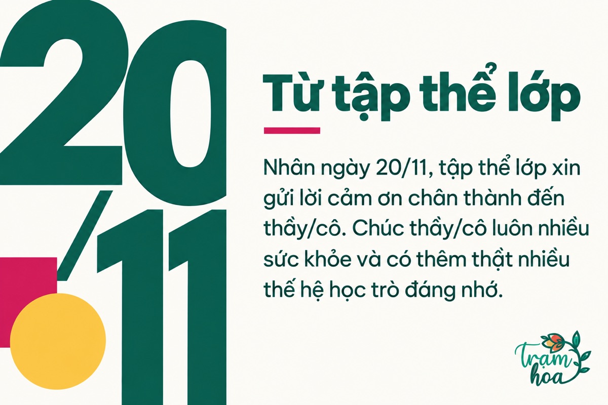 Thiệp 20/11 bố cục chữ hiện đại với lời cảm ơn và lời chúc từ tập thể lớp
