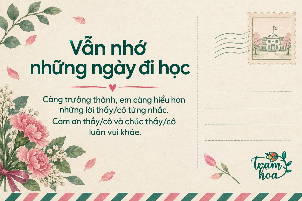 Thiệp bưu thiếp 20/11 gửi thầy cô cũ với lời cảm ơn những lời nhắc ngày đi học