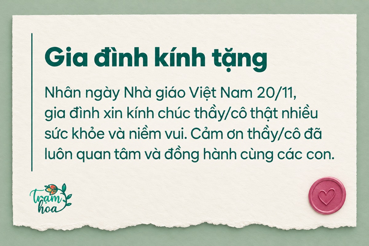 Thiệp thư tri ân 20/11 từ phụ huynh cảm ơn thầy cô đã quan tâm và đồng hành cùng các con