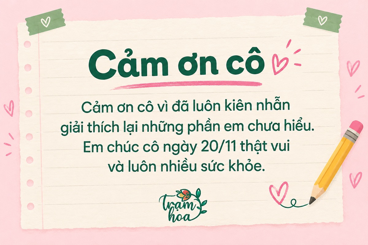 Thiệp 20/11 kiểu sổ tay với lời cảm ơn cô đã kiên nhẫn giải thích bài học