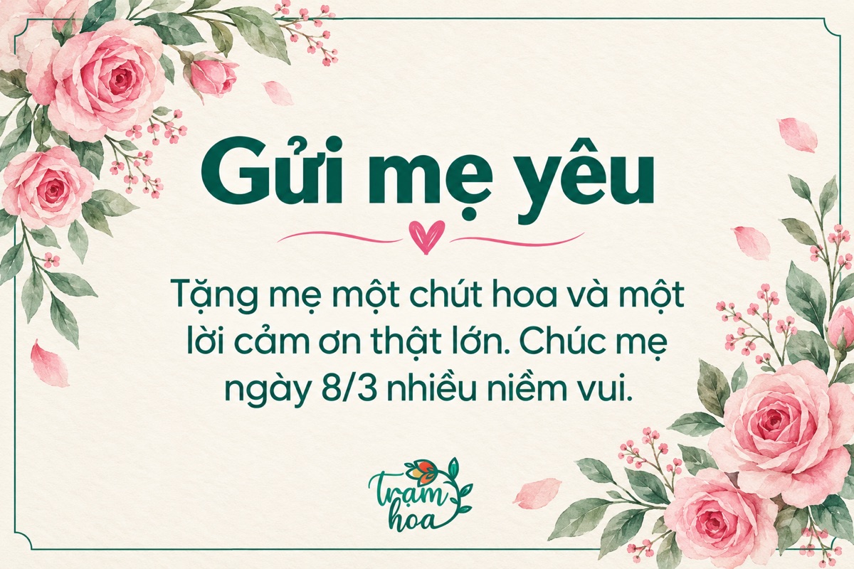 Thiệp 8/3 tặng mẹ nền kem, hoa hồng pastel và lời cảm ơn chân thành