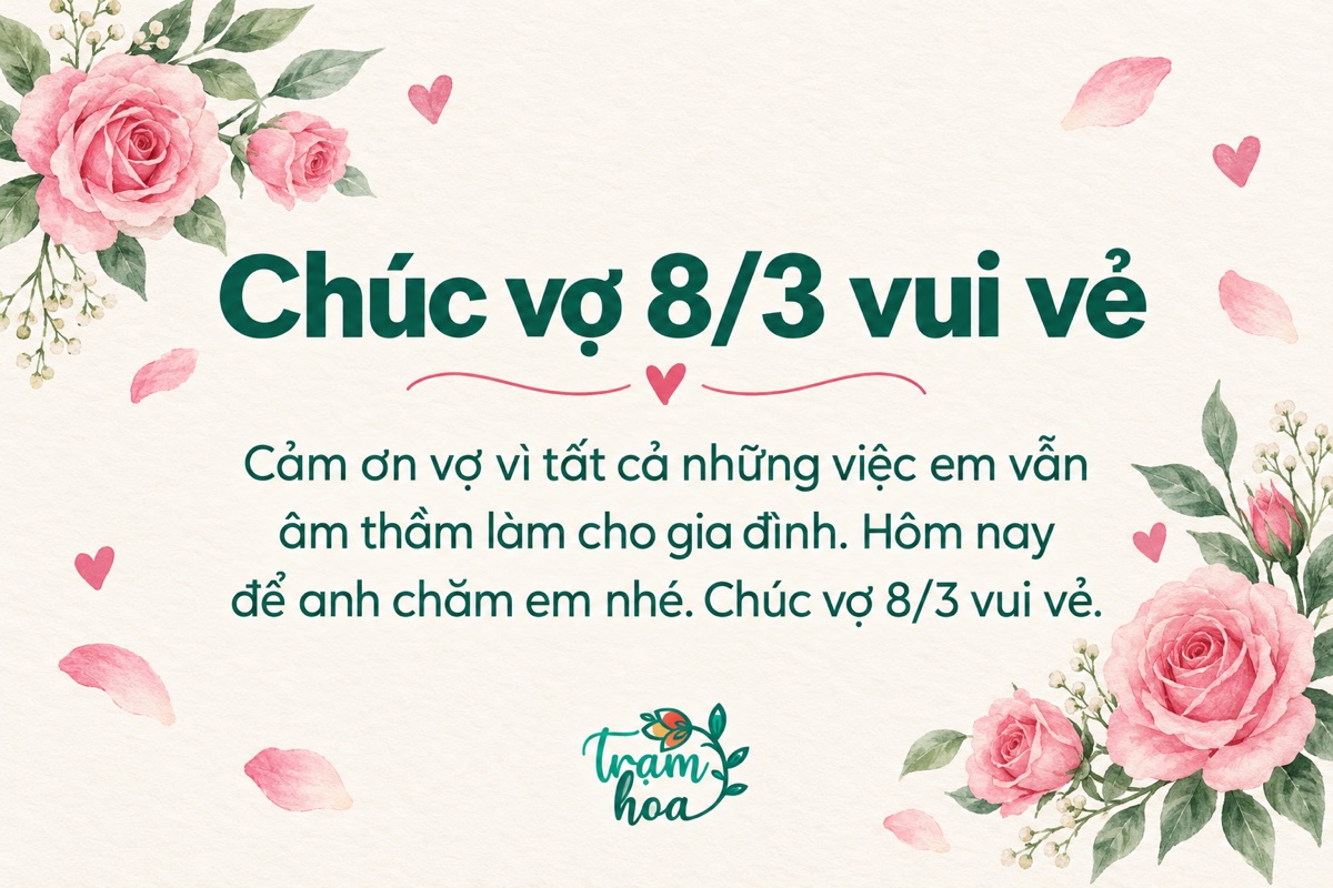 Thiệp chúc vợ ngày 8/3 với hoa hồng và lời cảm ơn vì sự chăm sóc dành cho gia đình