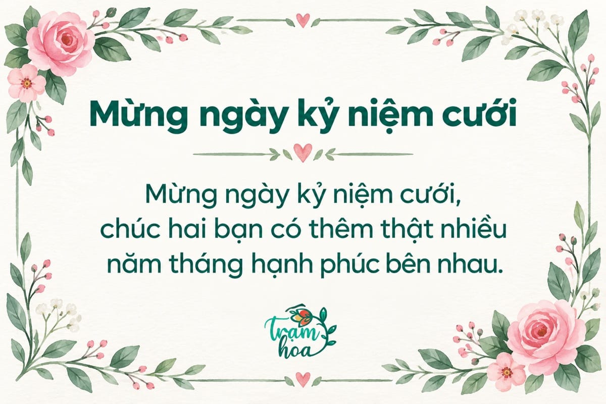 Thiệp kỷ niệm ngày cưới nền kem, hoa hồng pastel và lời chúc nhiều năm hạnh phúc bên nhau