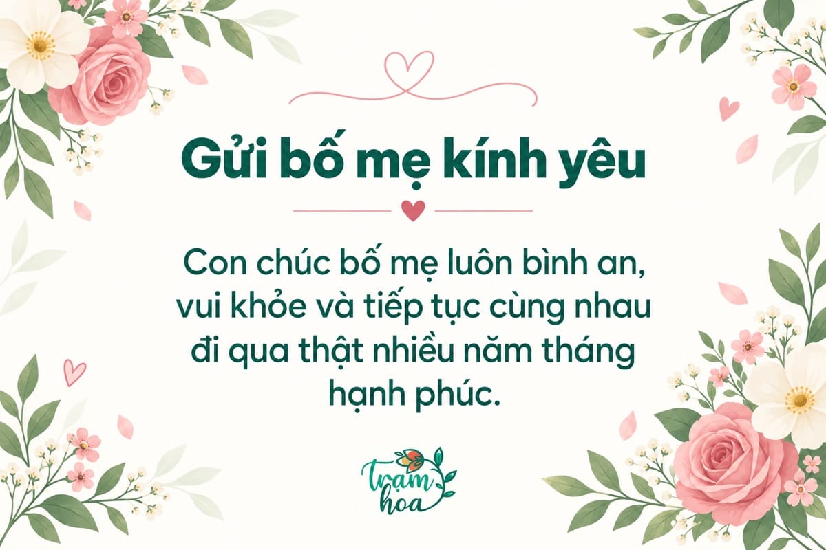 Thiệp kỷ niệm ngày cưới dành cho bố mẹ, hoa hồng pastel và hoa trắng và lời chúc bình an, vui khỏe