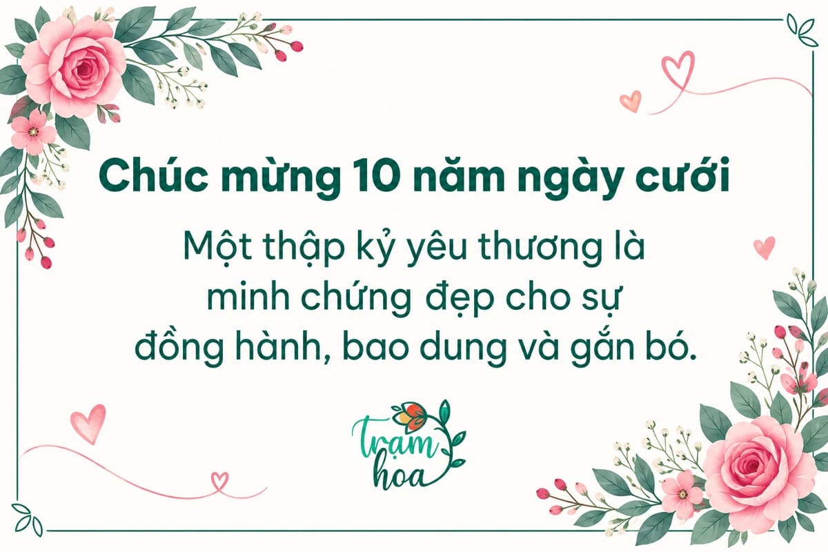Bảng chúc mừng kỷ niệm 10 năm ngày cưới với lời nhắn về đồng hành, bao dung và gắn bó