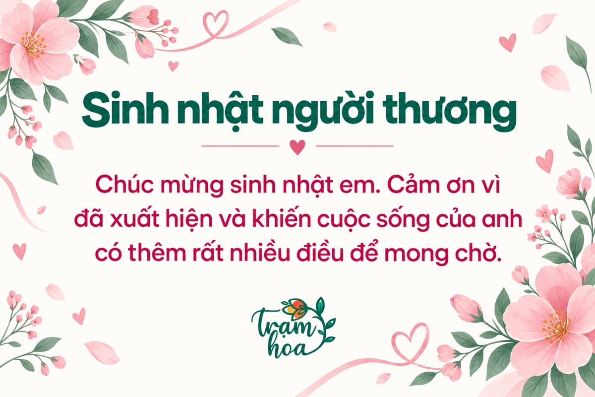 Thiệp sinh nhật dành cho người yêu với lời cảm ơn, viền hoa màu hồng và điểm nhấn hồng