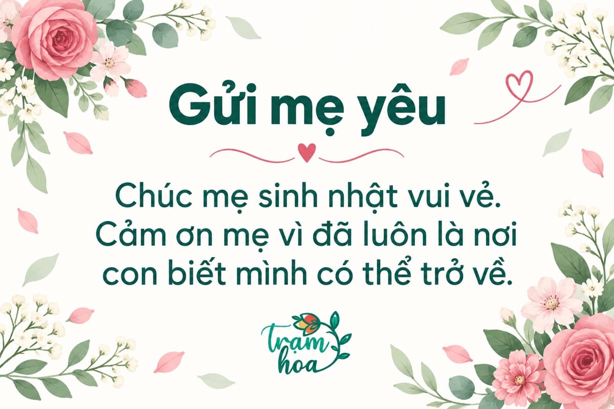 Thiệp sinh nhật tặng mẹ, hoa hồng pastel và hoa trắng và lời cảm ơn mẹ luôn là nơi con trở về