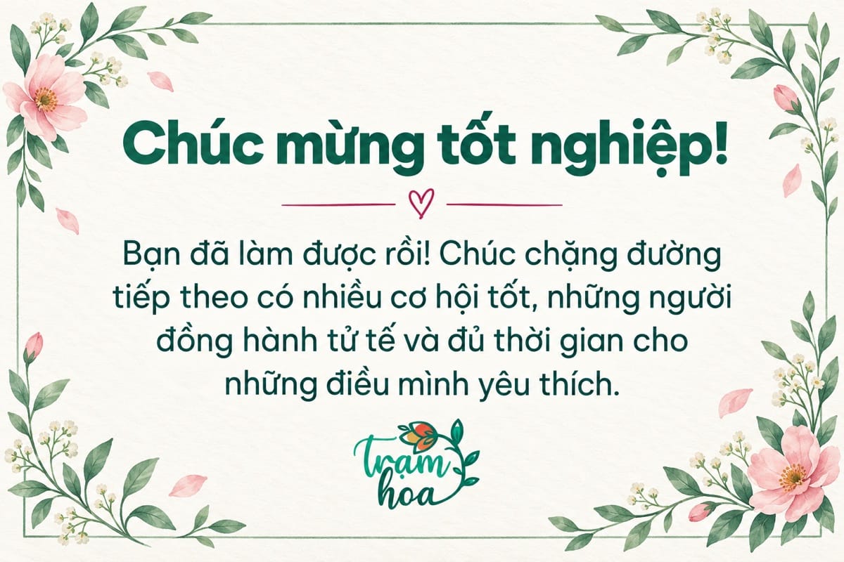 Thiệp chúc mừng tốt nghiệp nền kem, viền lá xanh với lời chúc cho hành trình mới
